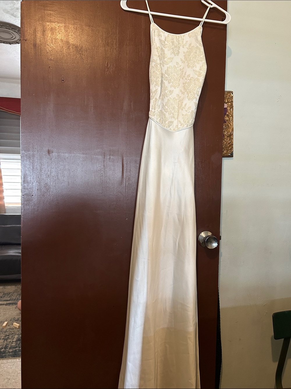 Ivory Lace-Bodice Satin Maxi Dress with Spaghetti Straps